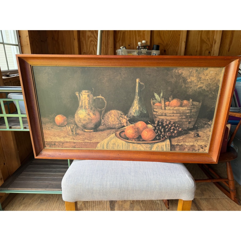 Vintage Alfredo Still Life Fruit Print Custom Framed Wood 32x17 Mid Century Art